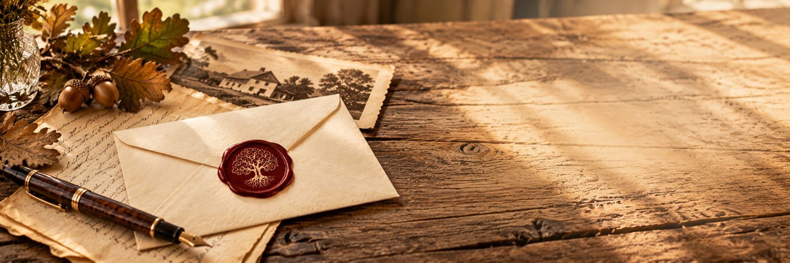 Brief mit Bordeaux-Wachssiegel und Baum auf einem alten Holztisch